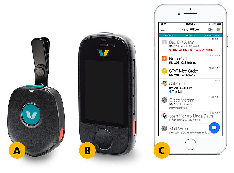 Vocera minibadge, Vocera smartbadge and Vocera smartphone application for clinical hospital and healthcare communication