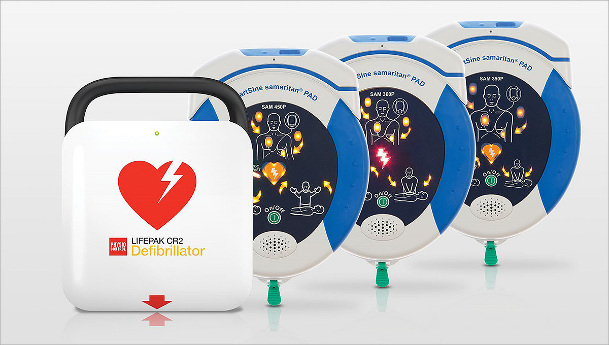 Stryker's AED lineup including LIFEPAK CR2 and the HeartSine AED series 