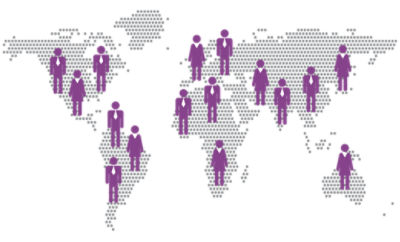 Mapa del mundo con íconos de personas color púrpura