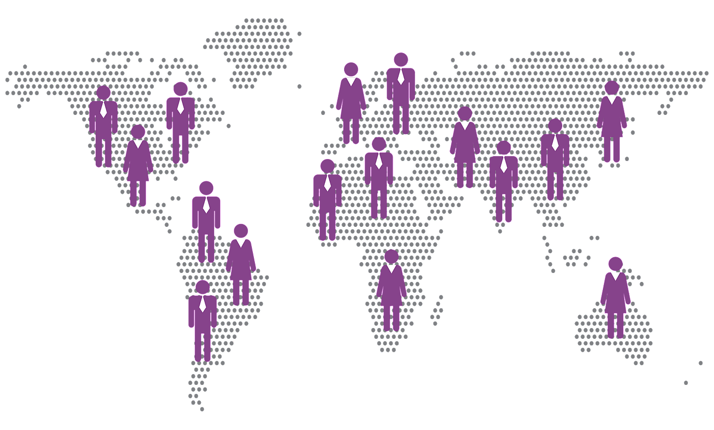 Mapa del mundo con iconos de personas de color púrpura