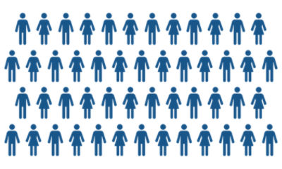4 linhas de ícones azuis de pessoas, tanto de homens quanto de mulheres