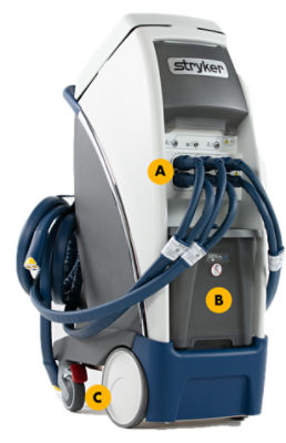 Altrix machine with labels indicating location of water circuits, water reservoir, and wheels