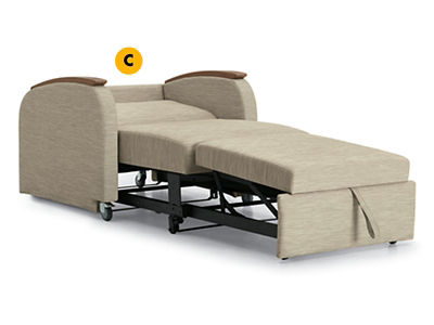 Unity chaise lounge sleeper labeled to identify fold down backrest