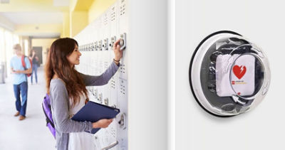 An accessible Stryker AED hangs in a school hallway 