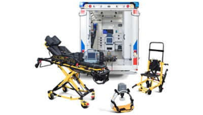 Stryker's Power Pro XT, Stair-PRO, and LUCAS 3 alongside an ambulance