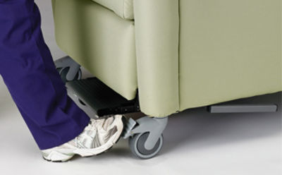 Close-up of step-lock brakes on Stryker's Symmetry Plus hospital recliner