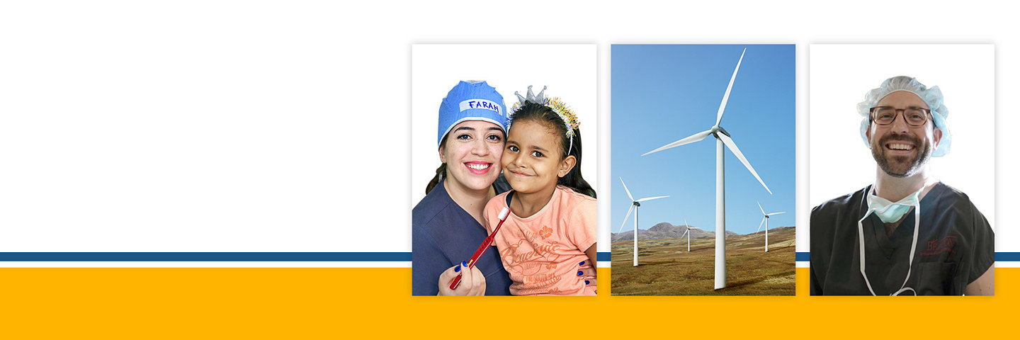 Image of a woman holding a child, a wind turbine, and a man in scrubs