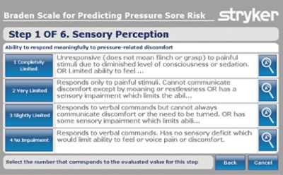 Braden Scale for Predicting Pressure Sore Risk shown on Stryker's InTouch Critical Care Bed's touch screen