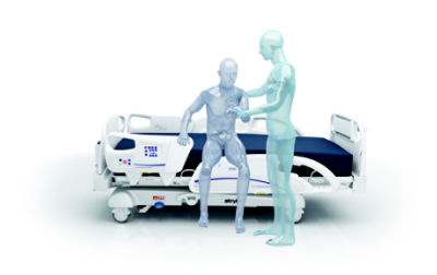 Rendering of caregiver assisting patient to stand from Stryker's InTouch critical care bed
