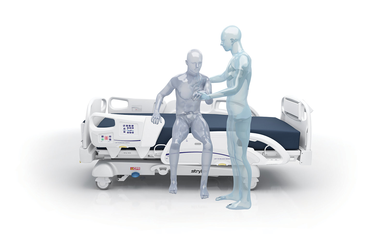 Rendering of caregiver assisting patient to stand from Stryker's InTouch Critical Care Bed
