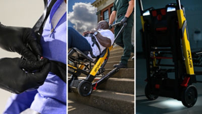 Profesional de emergencia que usa el sistema de seguridad de contención de pacientes en la silla motorizada salvaescaleras