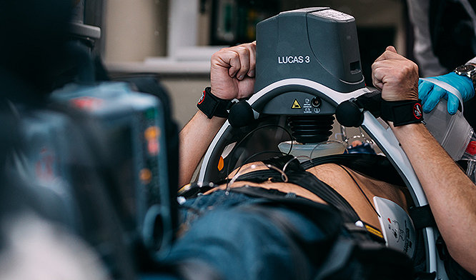 LUCAS device placed on a sudden cardiac arrest victim 