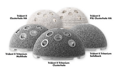 Image of the Trident II Acetabular Cup System featuring: Trident II Clusterhole HA, Trident II PSL Clusterhole HA, Trident II Tritanium Multihole, Trident II Tritanium Clusterhole and Trident II Tritanium Solidback