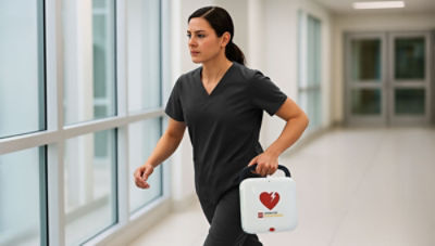 Nurse carrying LIFEPAK-CR2 AED unit moving quickly in hospital hallway