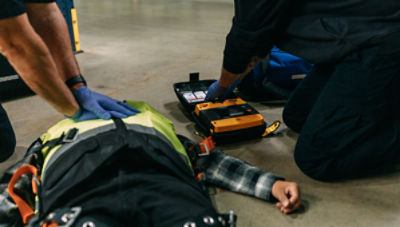 First responders perform CPR and prepare to use the LIFEPAK 1000 AED on a sudden cardiac arrest victim
