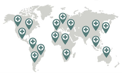 Map of world with green pins