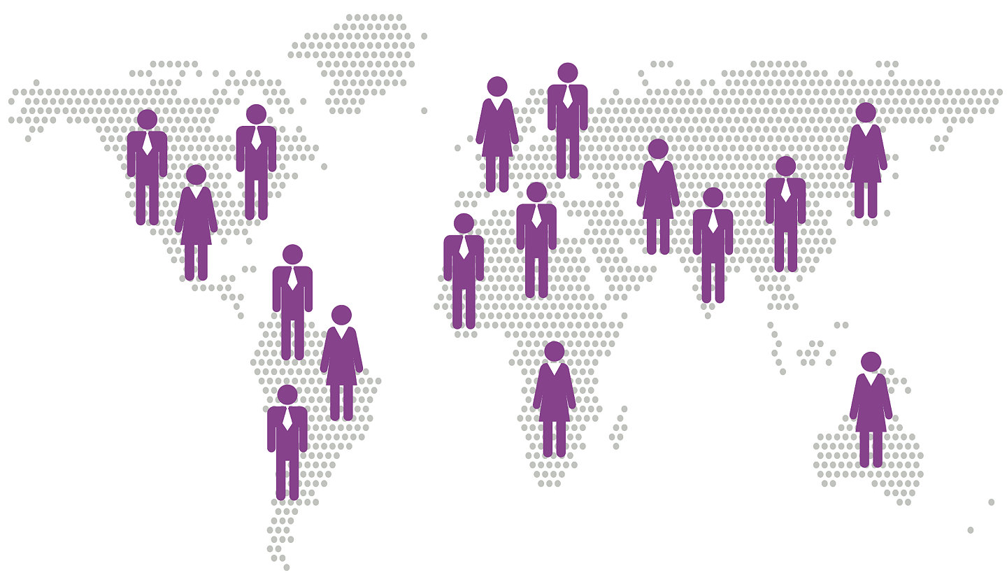 Mapa świata z fioletowymi ikonkami ludzi