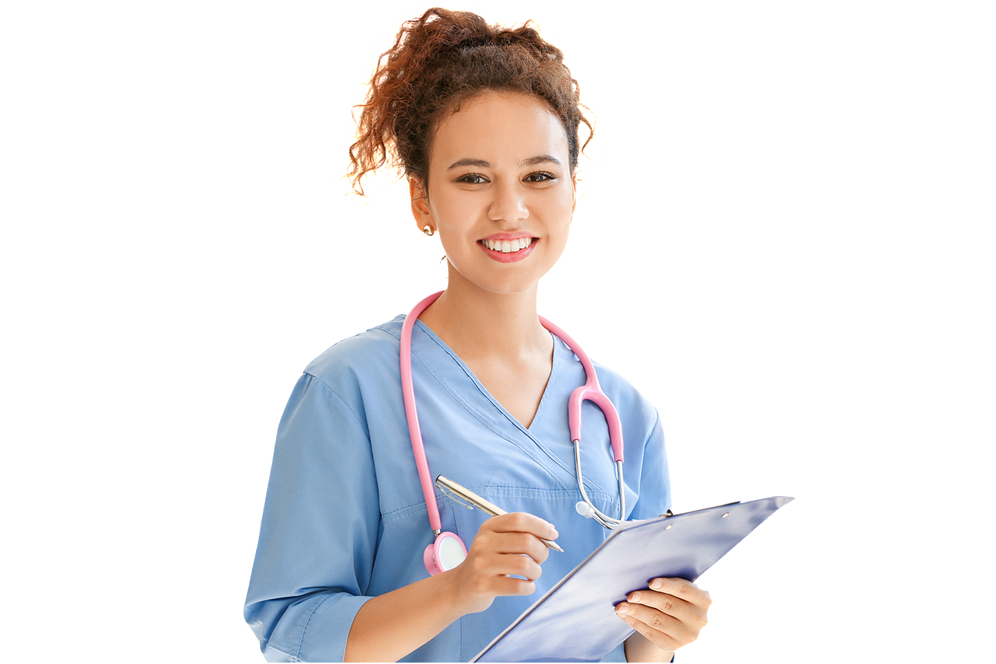 Nurse holding clipboard and smiling at camera
