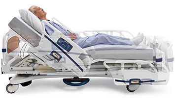 Liegender Patient im Krankenhausbett beim Anheben des Kopfteils
