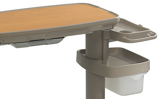 Overbed hospital table comes with optional storage 