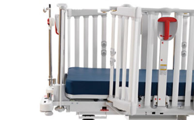 Close-up of the large-slatted siderails on Stryker's Cub Pediatric Crib