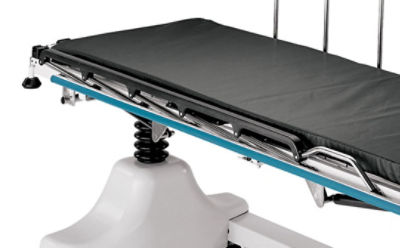 Close-up of the fold-down side rails on Stryker's Fluoroscopy Stretcher