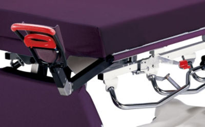 Close-up of the adjustable footrests on Stryker's Gynnie Stretcher