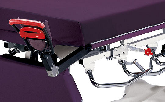 Close-up of the adjustable footrests on Stryker's Gynnie Stretcher