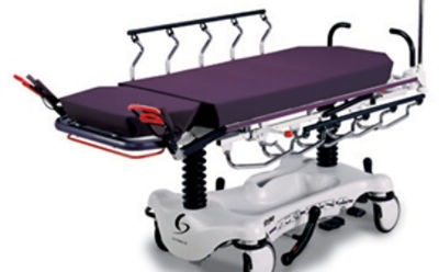 OB/GYN stretcher includes adjustable footrests