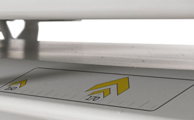 Close-up of the visual alignment guides for cassette positioning on Stryker's Prime X stretcher