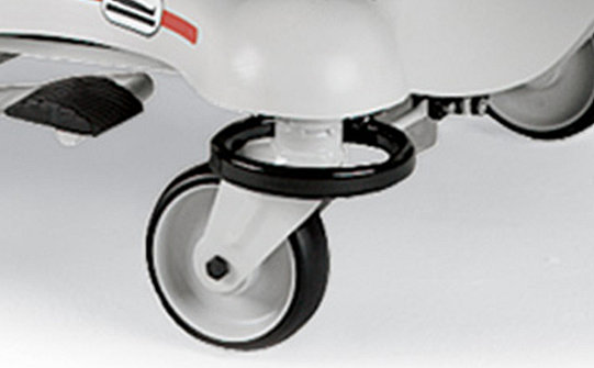 Close-up of the central-locking, steel brake rings on Stryker's Stretcher Chair