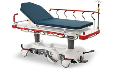 Stryker's Prime X stretcher featuring red handles, siderails, bumpers and accent rings