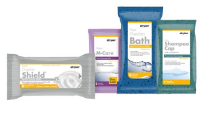 Stryker patient hygiene products in a collage, featuring Comfort Shield, M-Care, Comfort Bath, Shampoo Cap