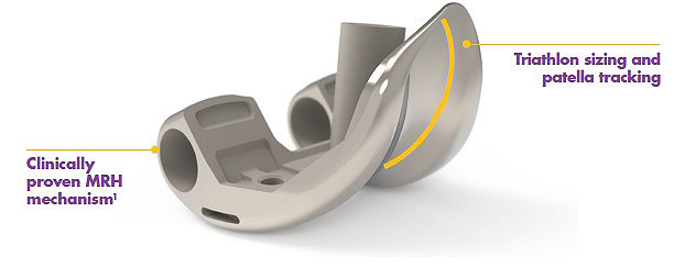 Triathlon Hinge femur key design features such as Patella track and hinge mechanism