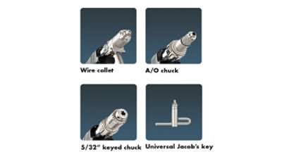 Stryker F1 Attachments: Wire collet, A/O chuck, 5/32" keyed chuck, and universal Jacob's key