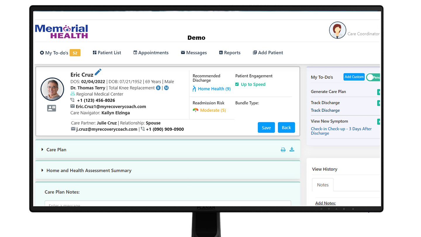 RecoveryCOACH patient profile provider view