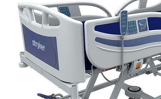 Prim-plan cu tăblia mobilă a patului de spital SV2 de la Stryker