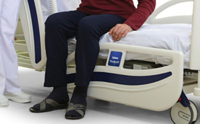 Close-up of the fold-down side rails on Stryker's SV2 hospital bed