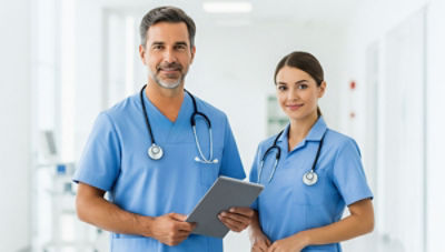 Two nurses wearing blue scrubs standing in hospital hallway, one holding tablet