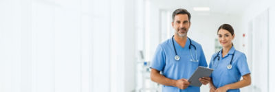 Two nurses wearing blue scrubs standing in hospital hallway, one holding tablet