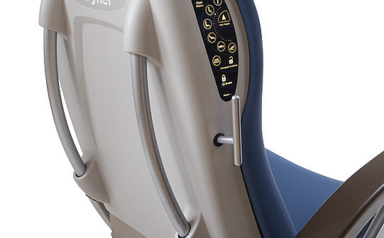 Close-up of the vertical handles on the back of Stryker's TruRize Clinical Chair
