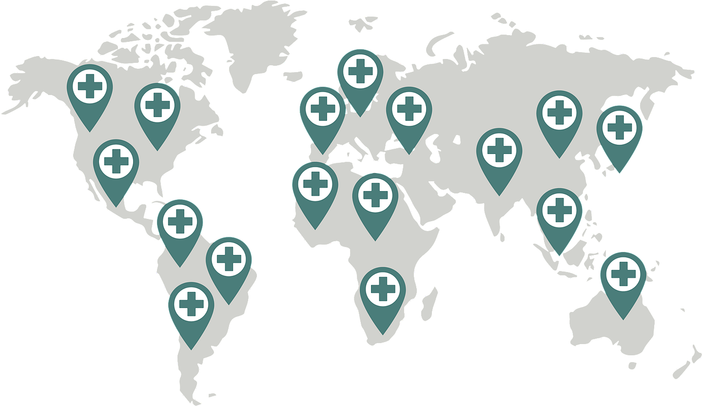 Map of world with green pins