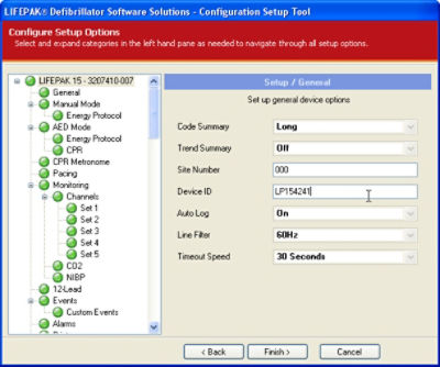 LIFEPAK 15 monitor/defibrillator configuration set up tool screen - Site number and Device ID 2