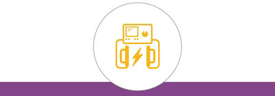 Gold icon of an electrical medical device above a purple bottom border.
