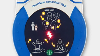 Prim-plan cu un dispozitiv HeartSine samaritan PAD 360P