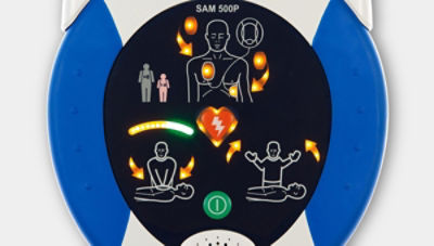 Grande plano dos avisos visuais no HeartSine samaritan PAD 500P