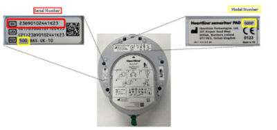 Model and serial number locations on HeartSine AED