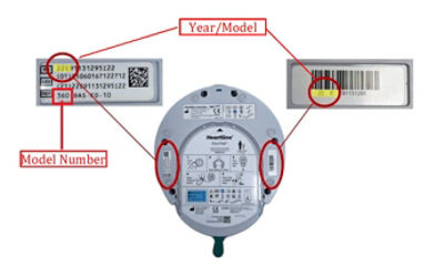 Diagram showing that the year/model of HeartSine can be found on the back of the device at the end of the horseshoe