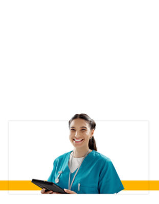 Young nurse wearing scrubs, holding an iPad and smiling