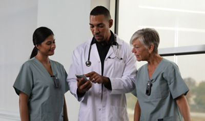 hospital staff viewing Engage, Smartbadge and Sync Badge devices